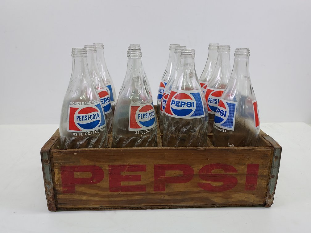Vintage Wood Pepsi Crate with (12) Empty Pepsi  Bottles
