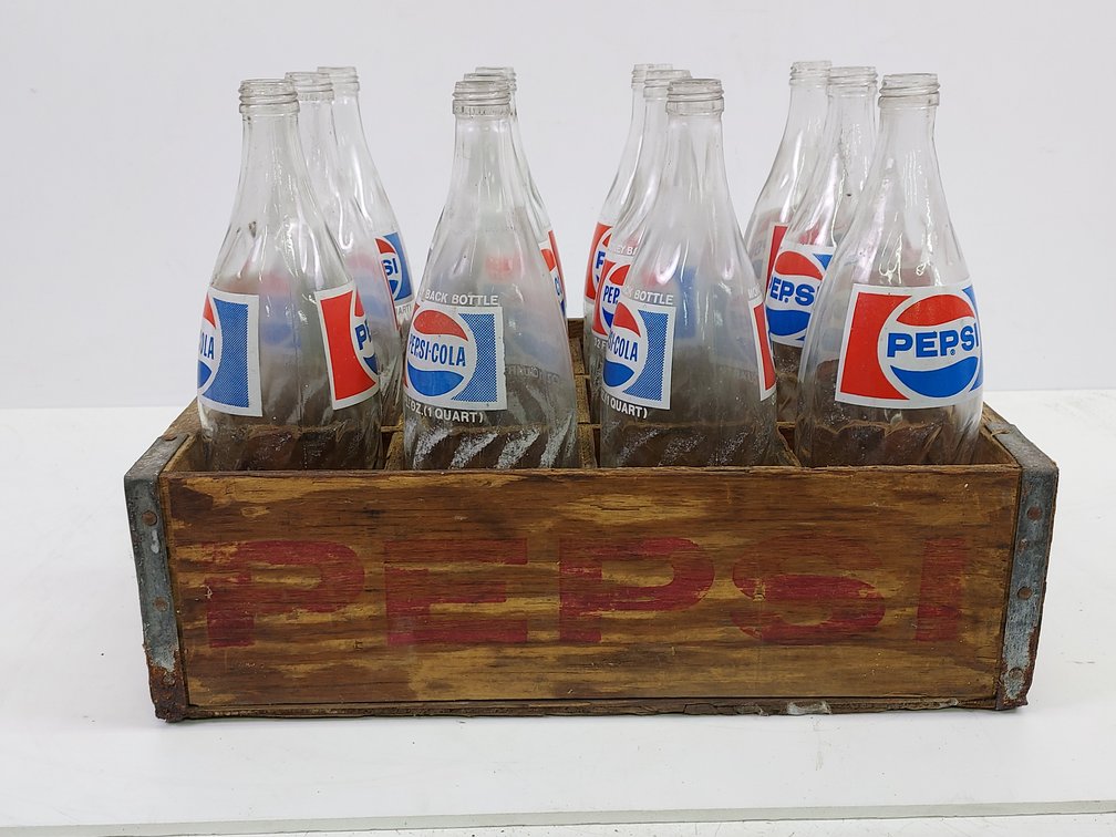 Vintage Wood Pepsi Crate with (12) Empty Pepsi  Bottles