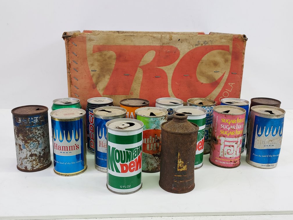 (16) Steel & Aluminum Cans With a Cardboard RC Cola Crate