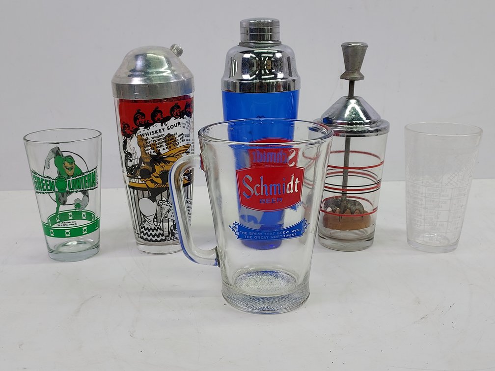 Glass Bar Shakers, Bar Glasses & Schmidt Beer Pitcher