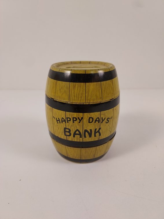 Tin Lithograph J. Chein "Happy Days" Barrel Coin Bank