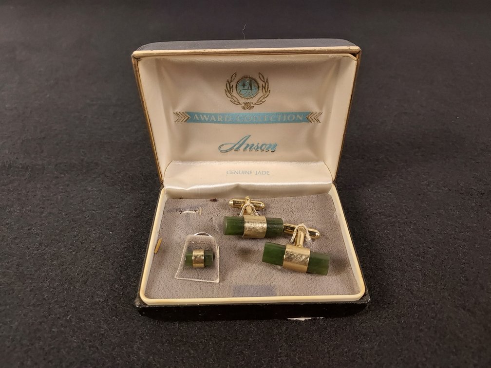 Vintage Anson Genuine Jade Cufflinks and Tie Clip in Original Box
