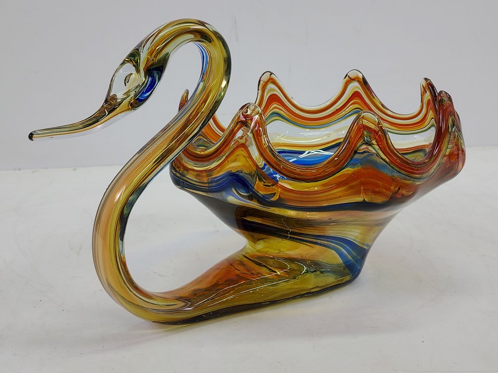 Vintage Hand-Blown Swirl Art Glass Swan Bowl