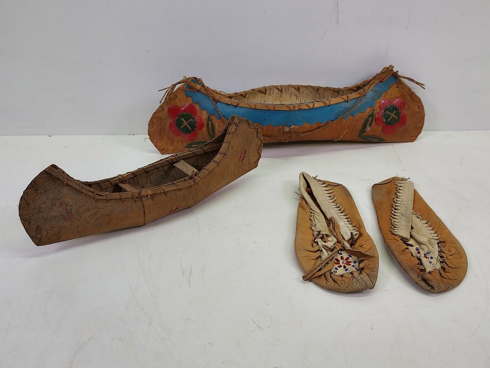 Vintage Pair of Tan Leather Moccasins & (2) Birch Bark Canoes