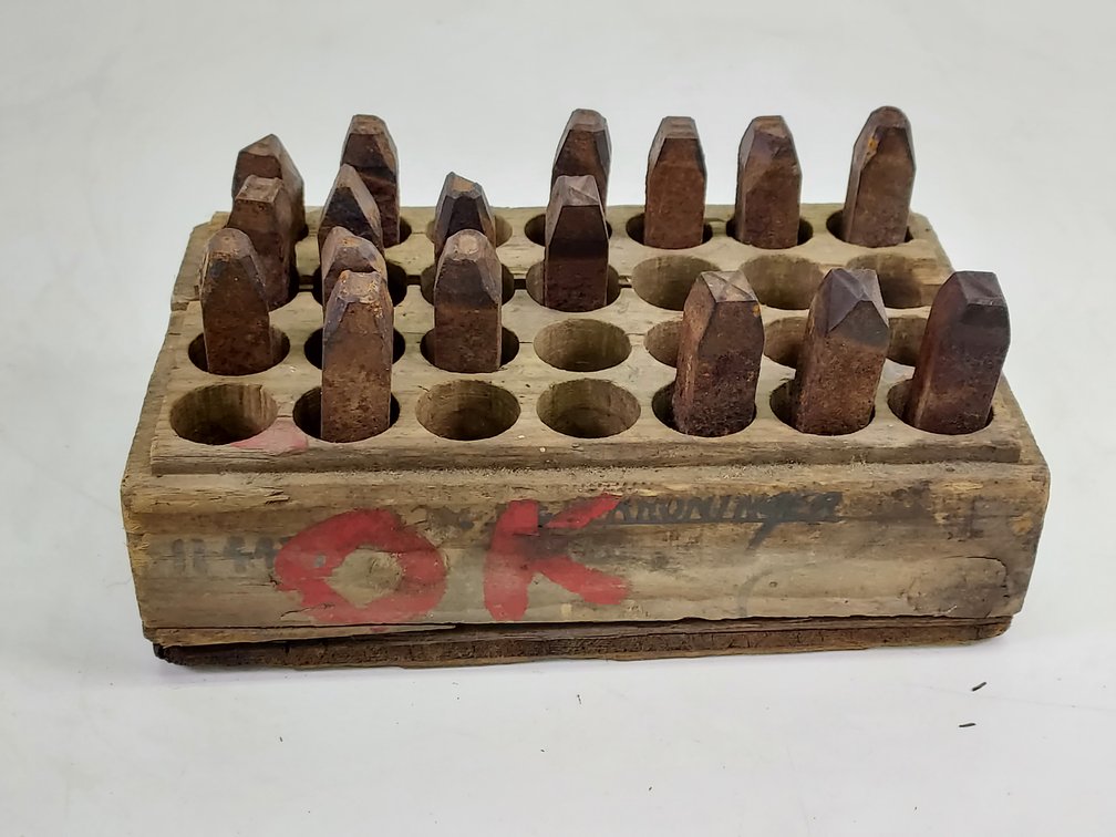 Vintage (17) Piece Steel Letter Punch Set in Wood Block