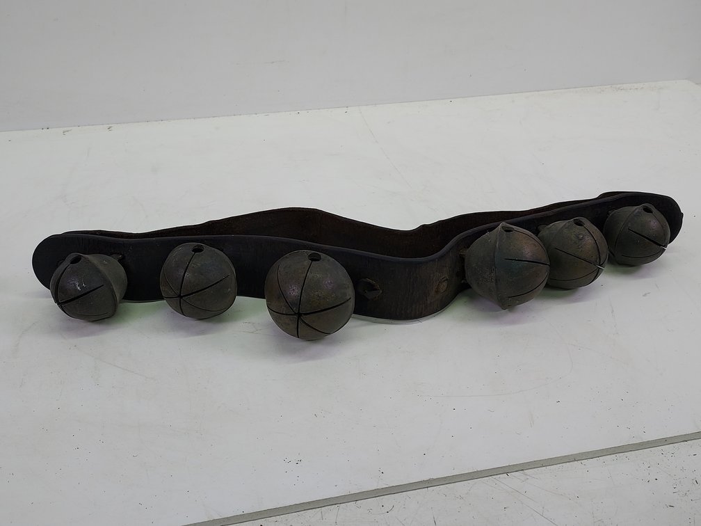Vintage (6) Brass Sleigh Bells on a Leather Strap