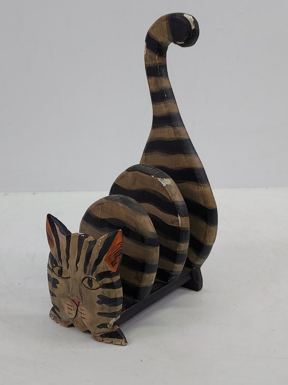 Vintage Hand Carved Cat Wood Desk Organizer