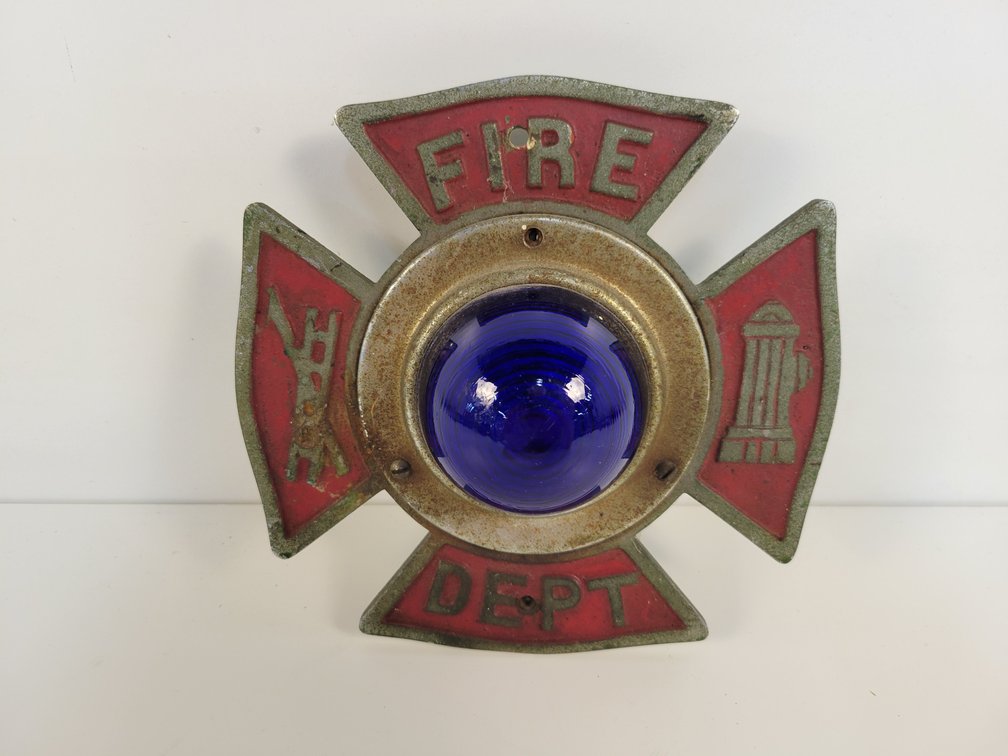 Vintage Fire Department Emblem w/ Blue Glass Light