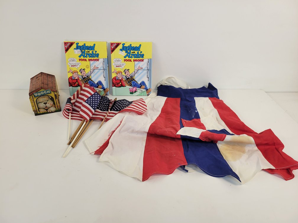 Vintage Patriotic Apron, Archie Books and Tin Doghouse Toy