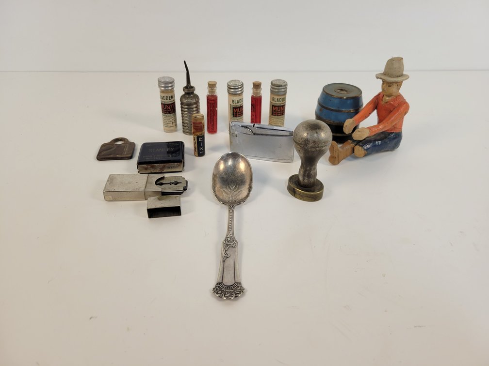 Vintage Medicine Vials, Lighter, Stamp and More
