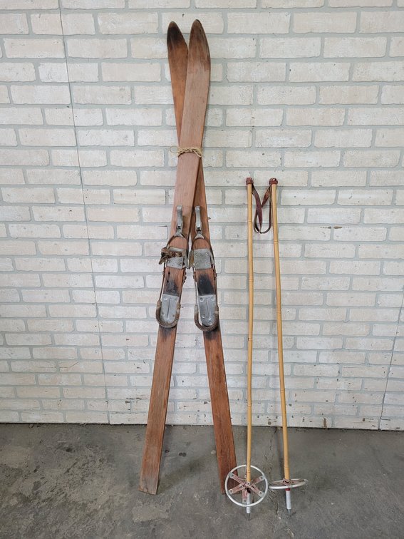 Vintage Wood Snow Skis and Poles
