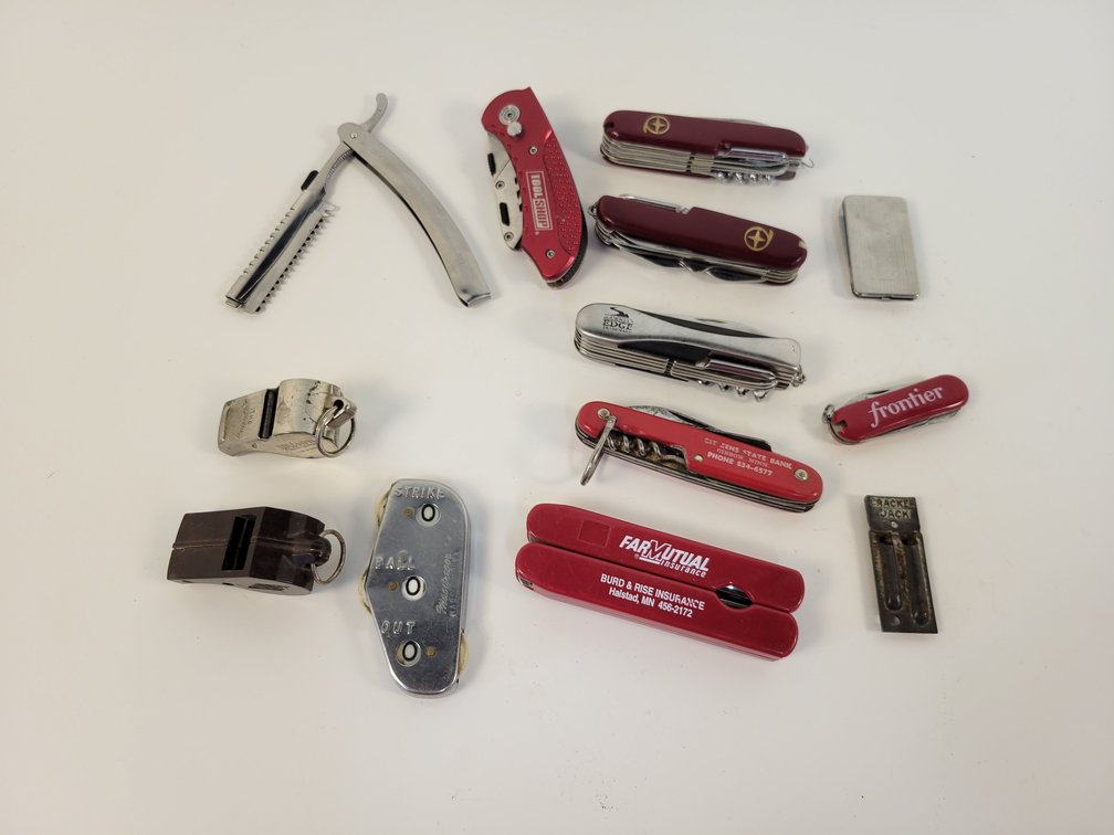 Assorted Pocket Knives, Whistles and Umpire's Counter