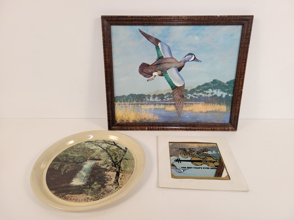 Vintage Framed Lithograph Print, Charlie Daniels Band Mirror and Minnehaha Falls Metal Platter