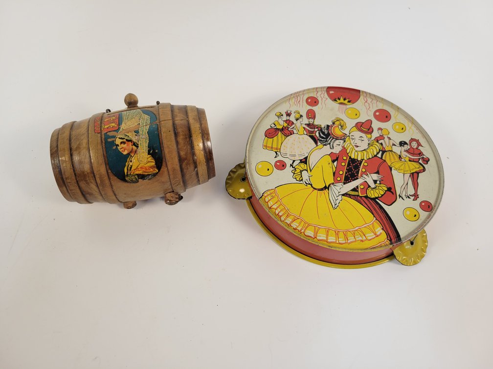 Tin Lithograph Kirchhof Tambourine and Wood Barrel Coin Bank