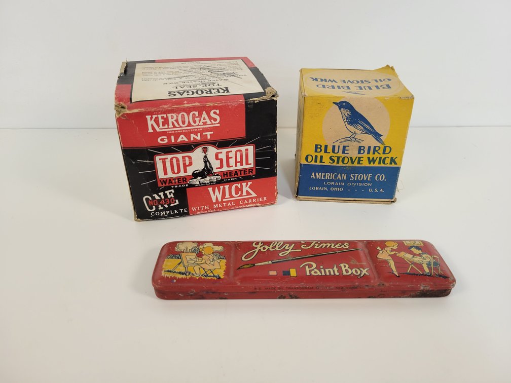 (2) NOS Oil Stove Wicks and Tin Paint Tray