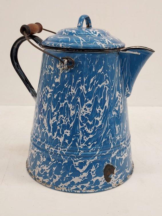 Vintage Blue & White Swirl Enamelware Coffee Pot