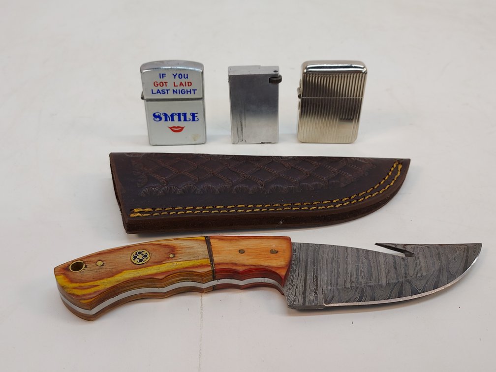 Hunting Knife & (3) Various Lighters