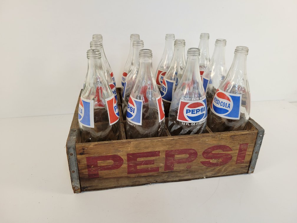(12) PEPSI Quart Glass Bottles in Wood Crate