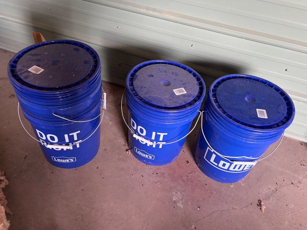 (4) Five Gallon Lowes Buckets (2) Are Full of Dry Goods (2) Are Empty