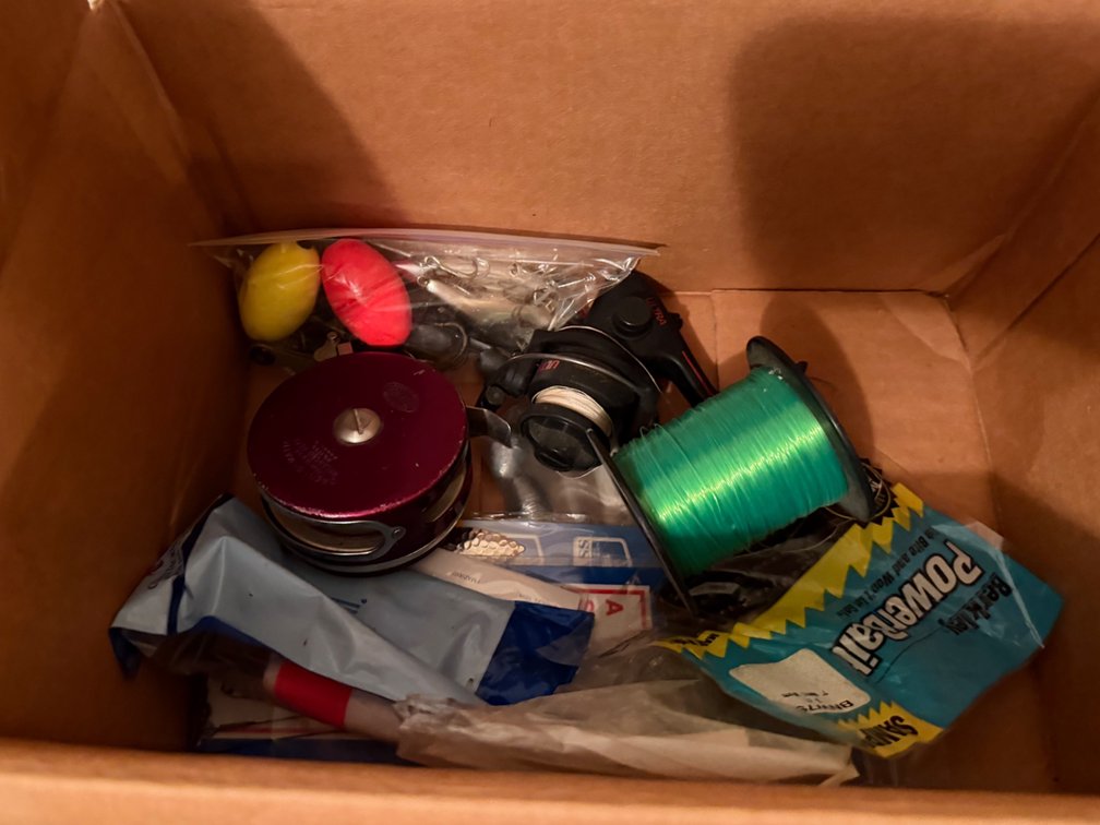Fishing reels, hooks, etc.