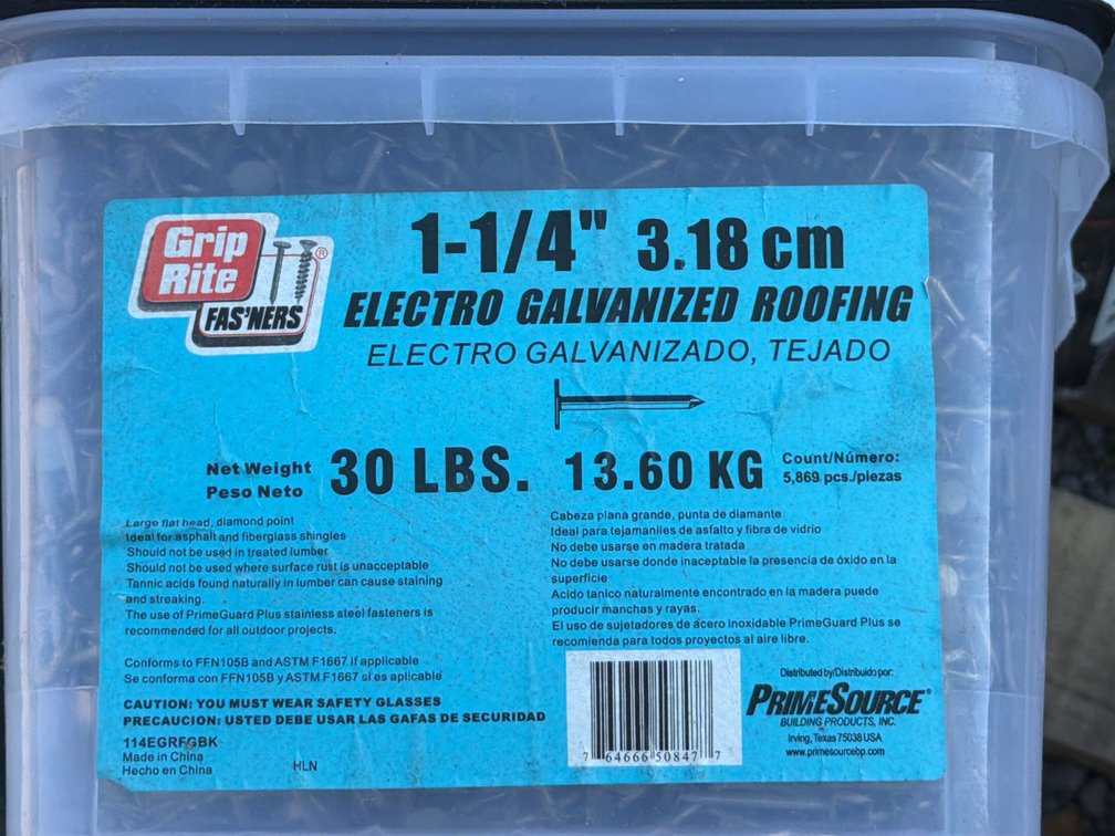 30 lb 1 1/4” Electro Galvanized Roofing Fasteners