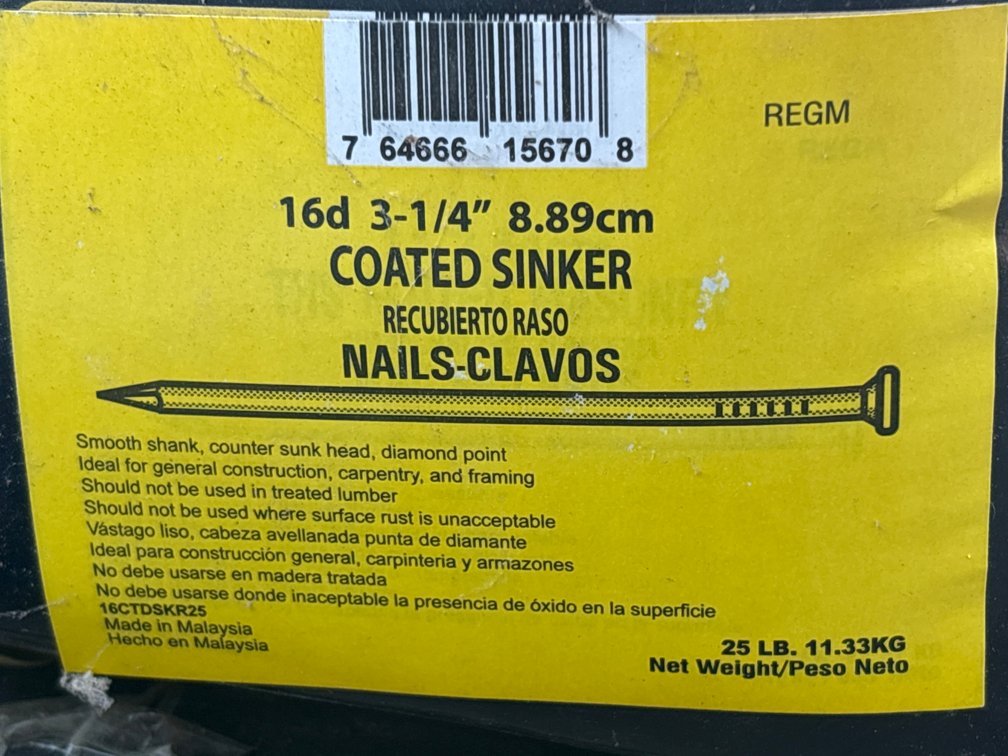1 box3 1/4” Coated Sinker Nails 1 box 1 1/4 plastic cap nails