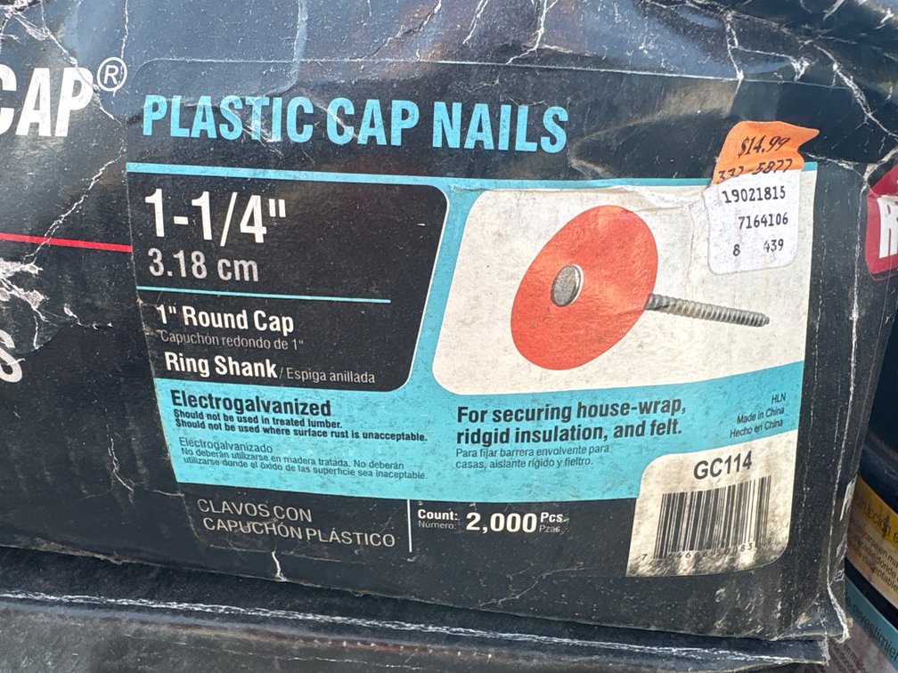 2 boxes 1 1/4” plastic cap nails