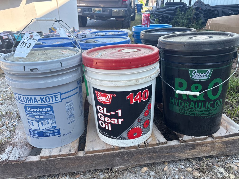 3-5 gallon buckets (Aluminum fibered mobile home roof coating, GL-1 gear oil, R&O hydraulic oil)