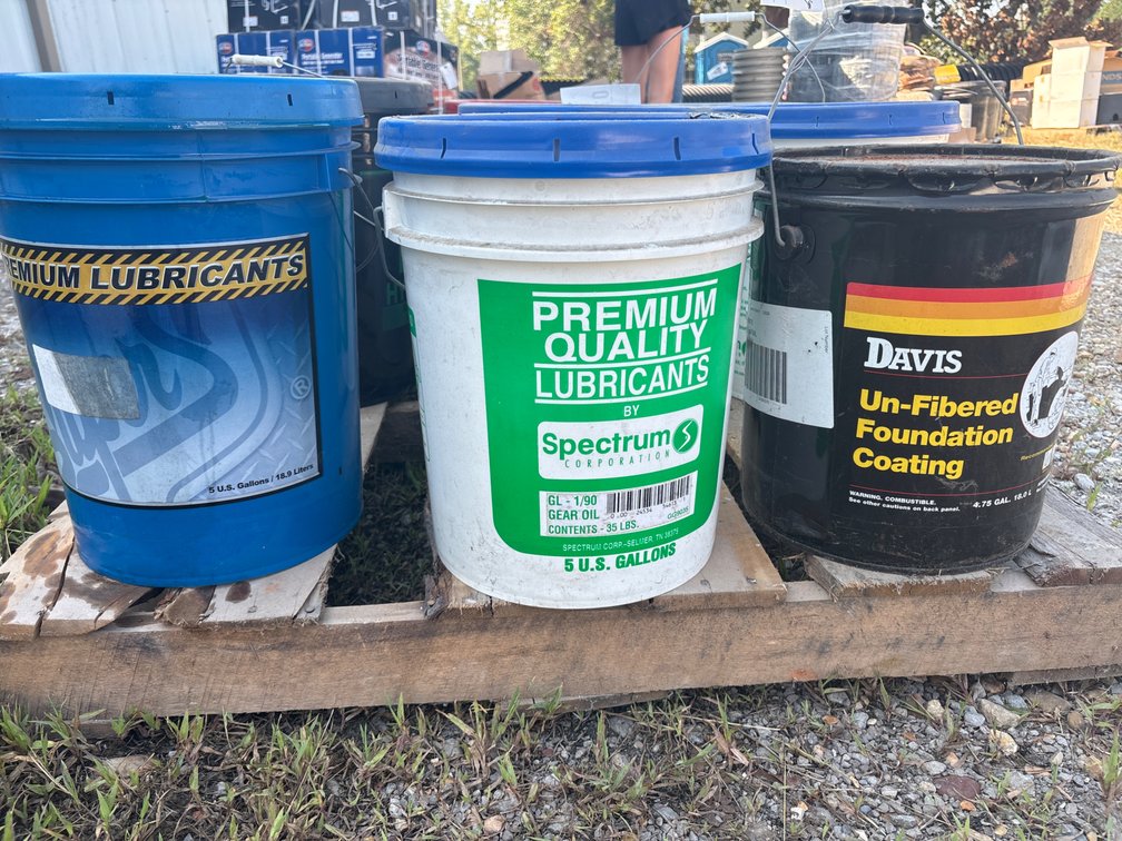 3-5 Gallon buckets (unfibered foundation coating, GL-1/90 gear oil, super8 premium lubricant