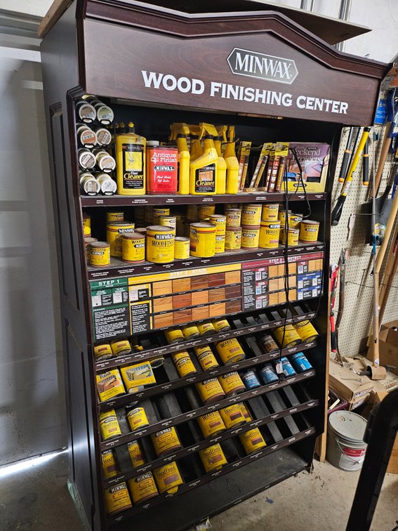 Large "Wood finishing center" rack & Minwax wood stains, cleaner, wood putty, touch up markers, polycrylic & more!