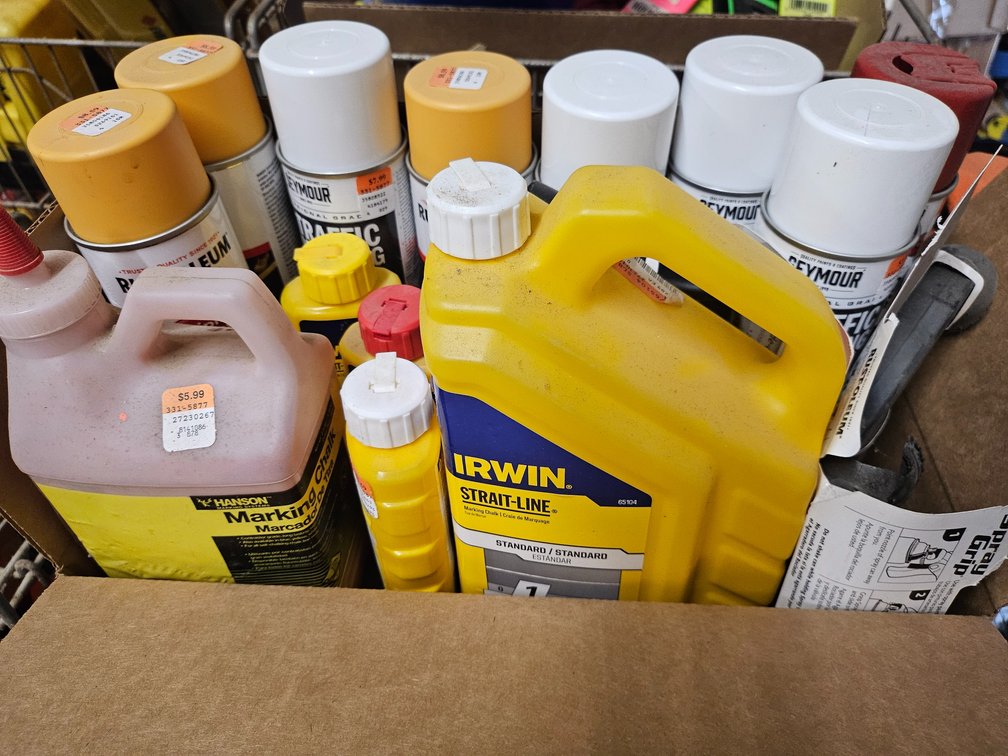 Marking chalk, yellow and white spray paint