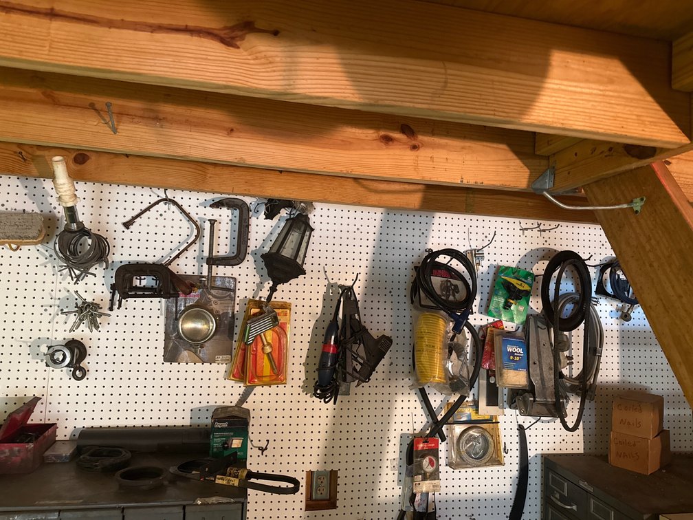 Items hanging on peg board