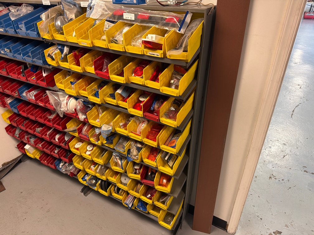 Parts bin rack w/ yellow bins
