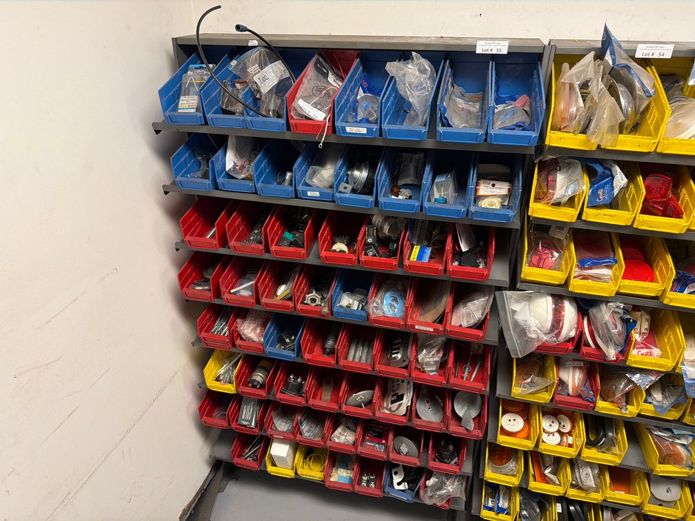 Parts bin rack w/ blue & red bins