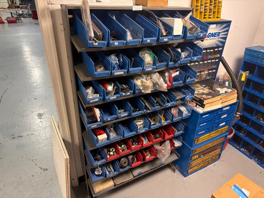 Parts bin rack w/ blue & red bins