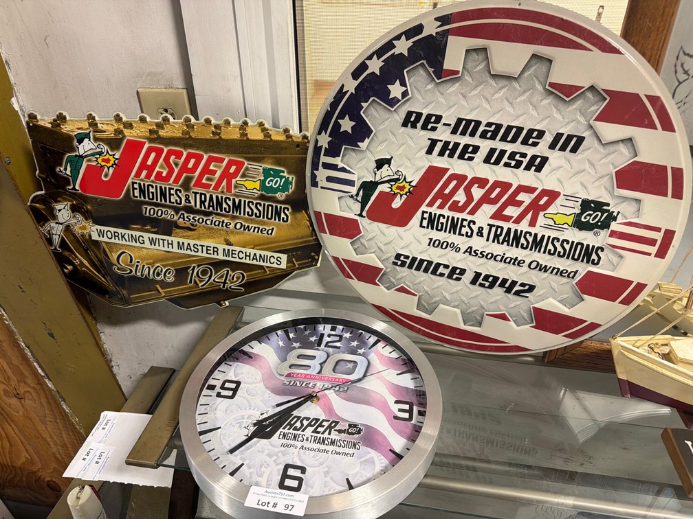 Lot: 2 metal Jasper signs & Jasper clock