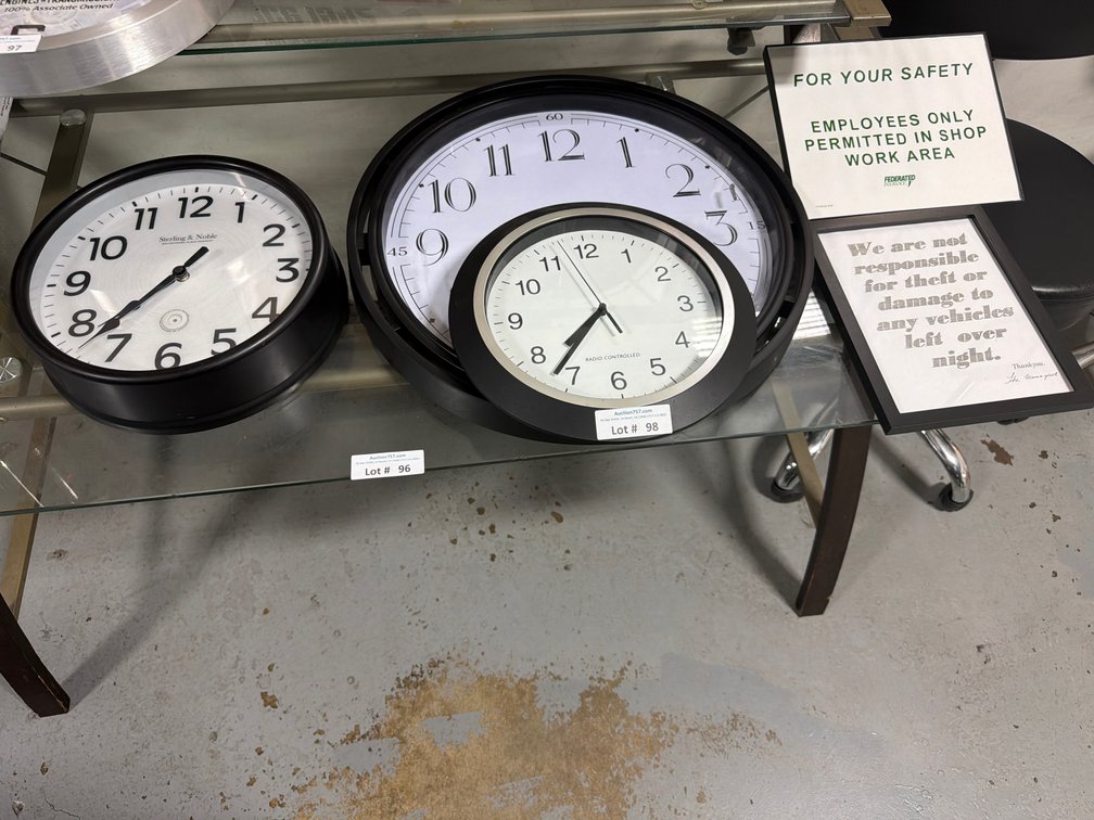 Lot: 3 wall clocks & 2 work related prints