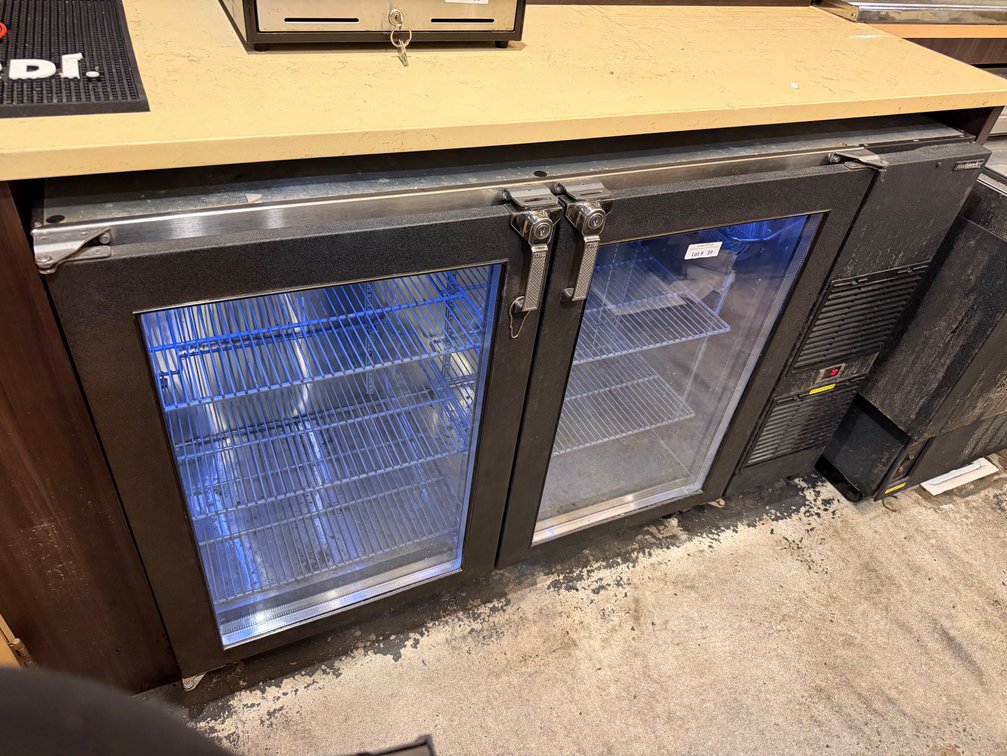 Glastender 60” double door back bar cooler on wheels