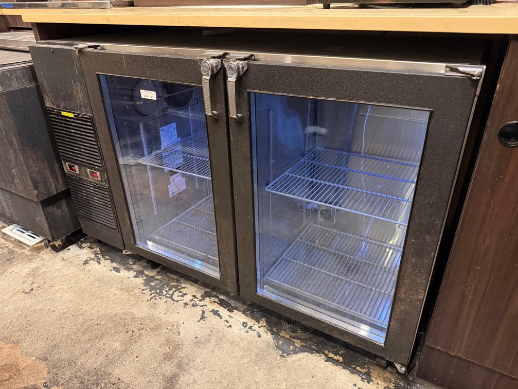 Glastender 60” double door back bar cooler on wheels