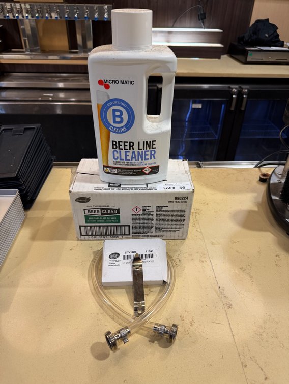 Lot: beer line cleaner, bar glass cleaner & 12 new bottle openers