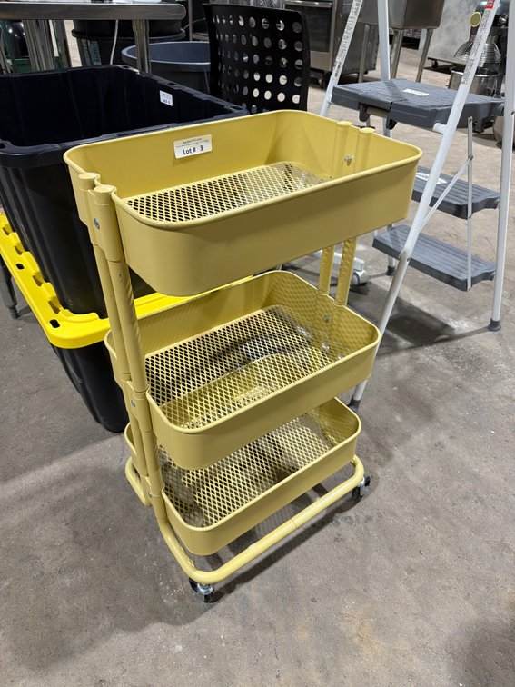 Yellow metal 3 level organizer on wheels