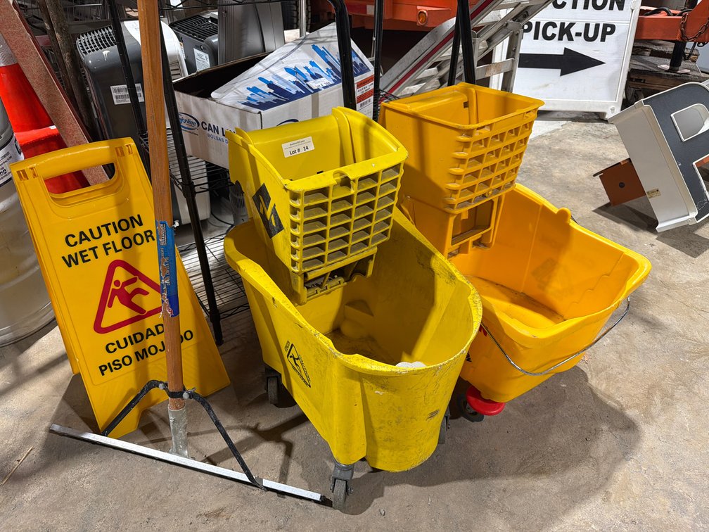 Lot: 2 mop buckets w/ ringers, wet floor sign & squeege