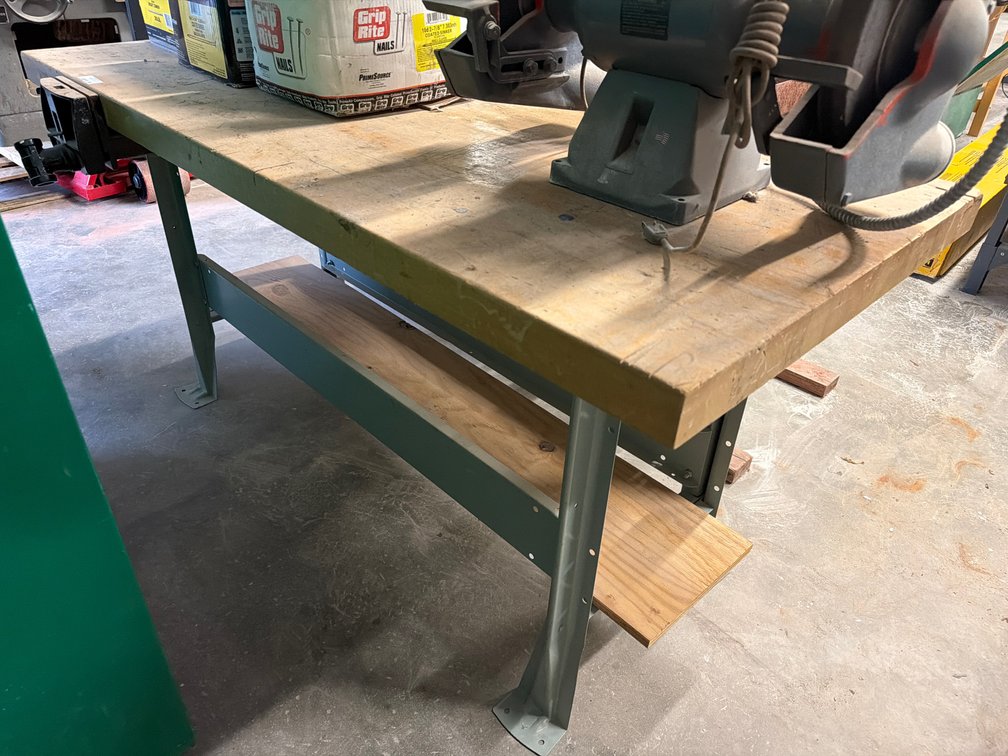 Metal base work table with wooden top