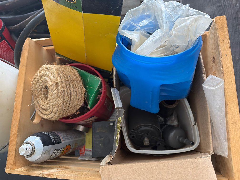 Crate of misc Hardware - twine, bolts, etc