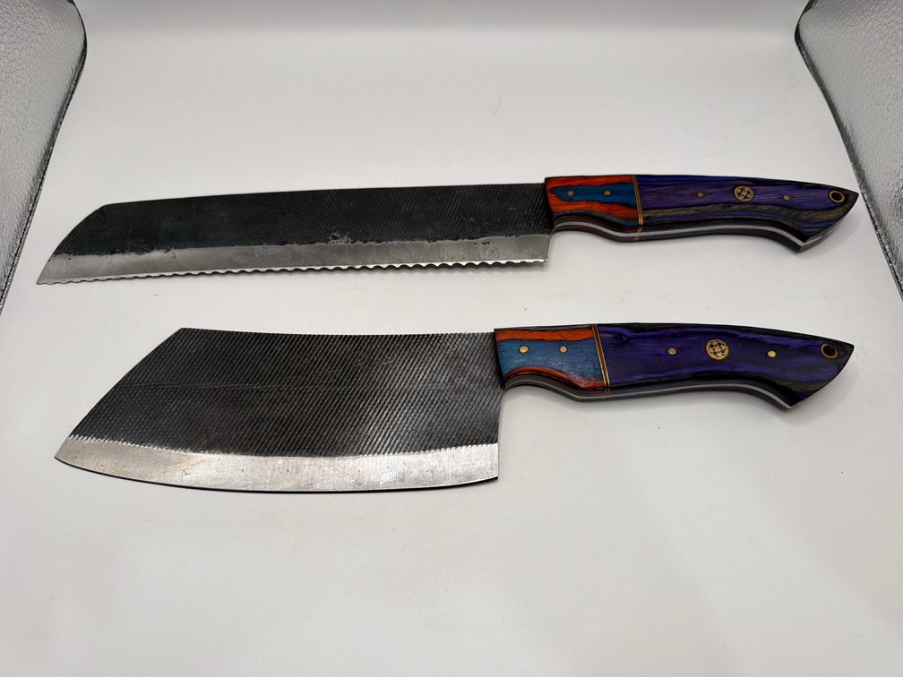 Damascus File Style Bread Knife and Clever