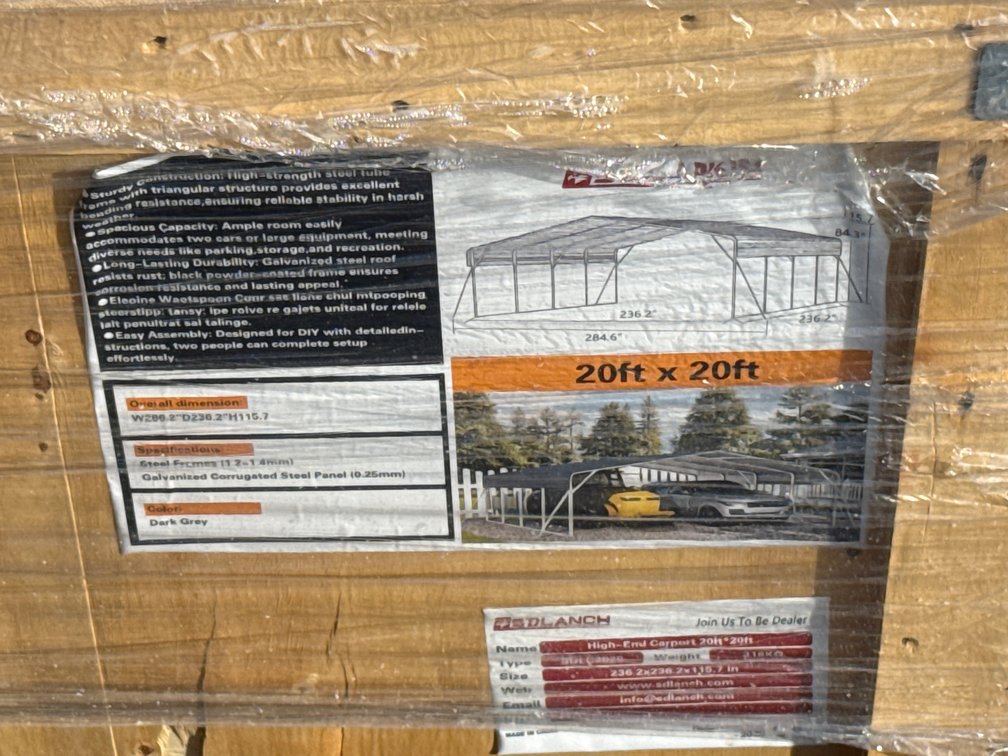 New 2026 SD Launch High-End Carport — 20' x 20' carport, model SDLC2020.