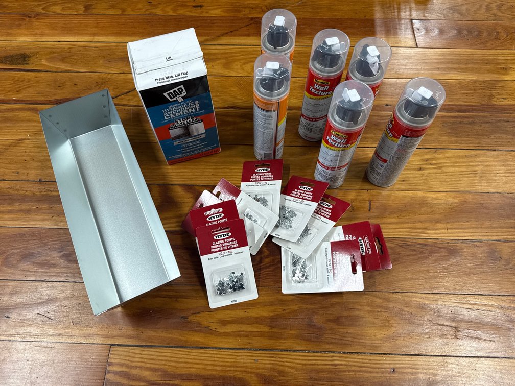 Anchoring cement, mud pan, glazing points, wall texture spray
