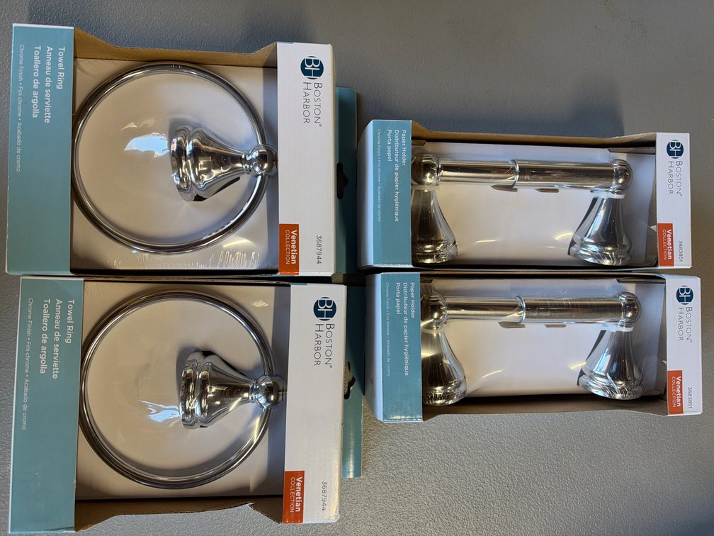 Lot of Boston Harbor Chrome Towel Rings and Paper Holders