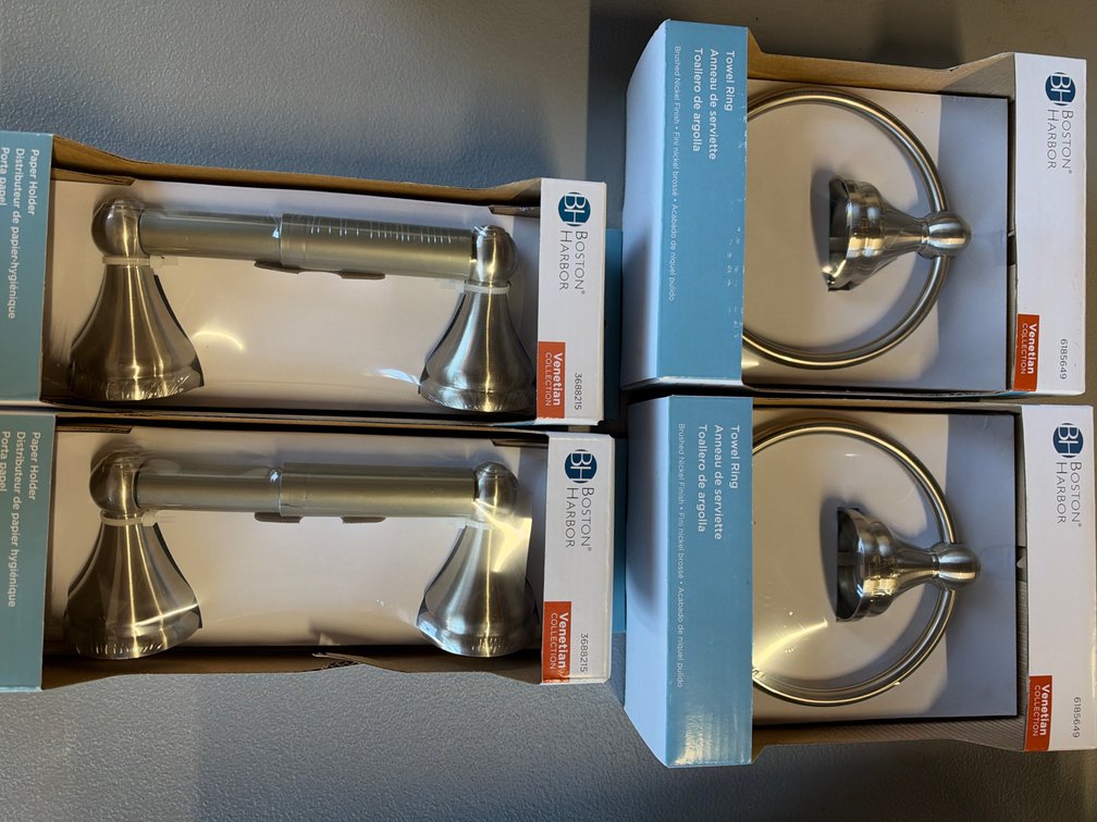 Lot of Boston Harbor Brushed Nickel Towel Rings and Paper Holders