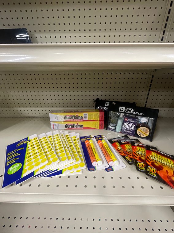 Lot of matches/hand warmers/travel kits/price stickers/window markers